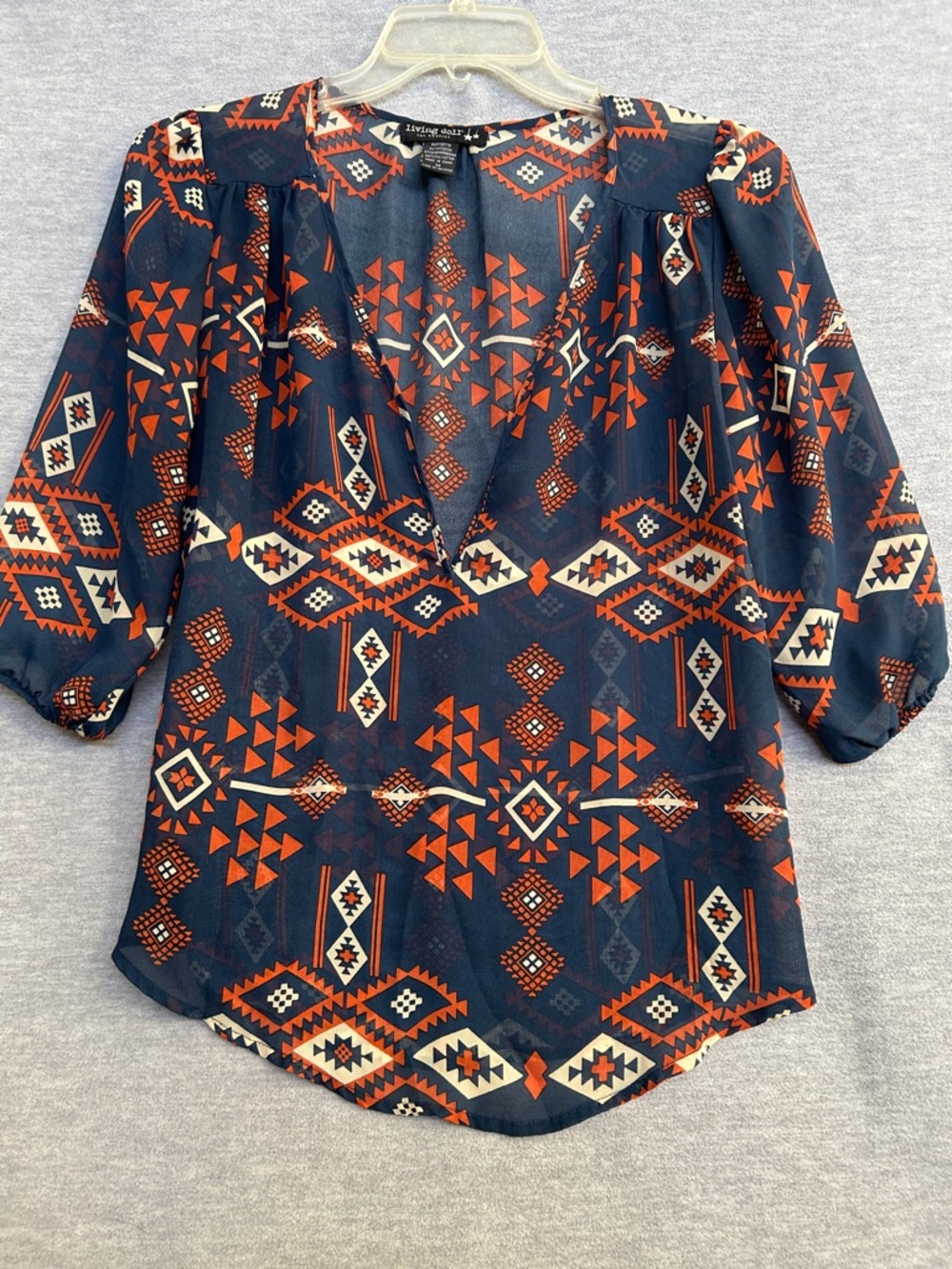 LIVING DOLL LAS ANGLES Aztec Southwest Cowgirl Sheer Top with Deep V Front